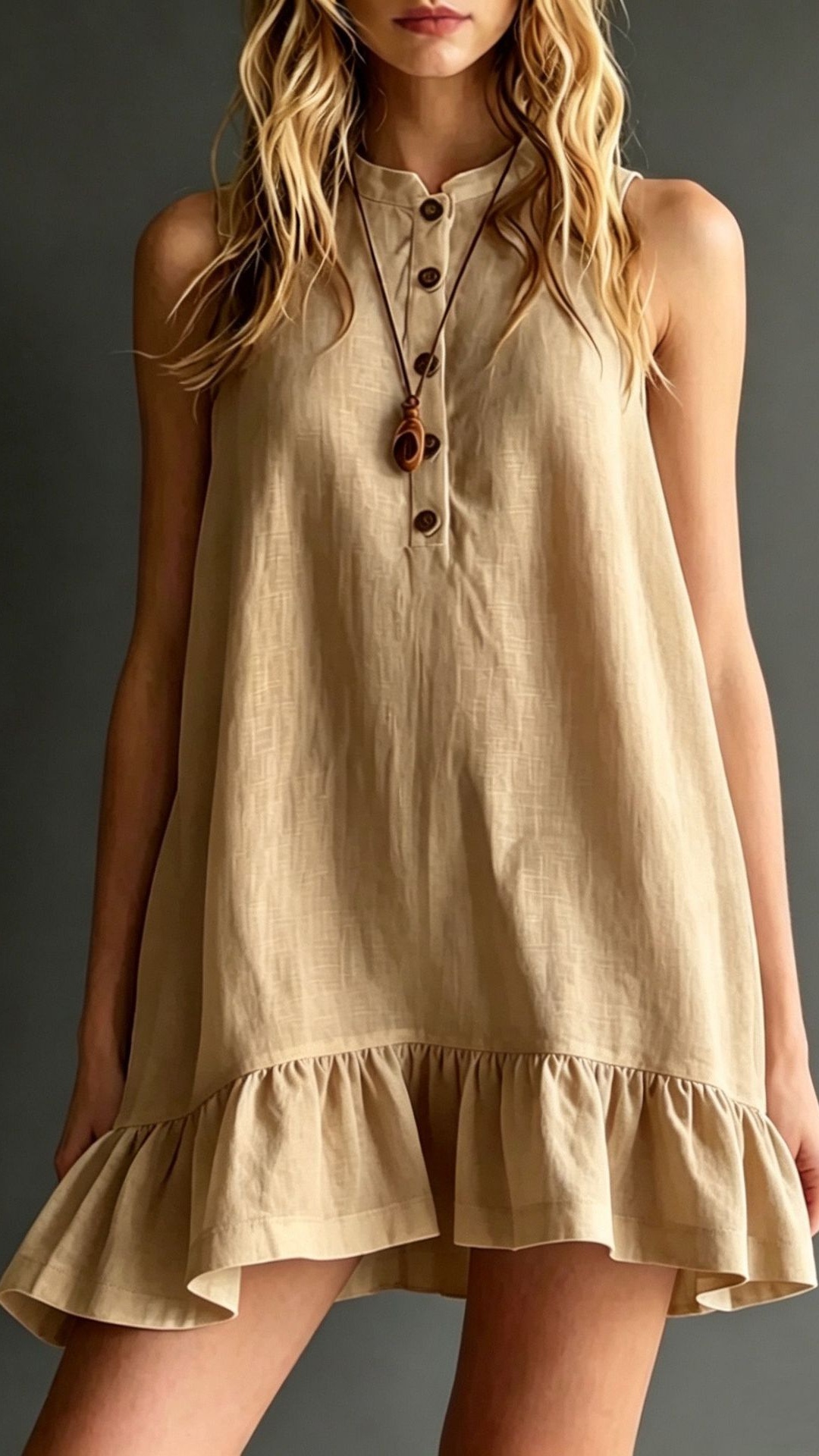 Women's Solid-Color Cotton-Linen Dress: Elegant Stand Collar, Sleeveless, with Ruffles