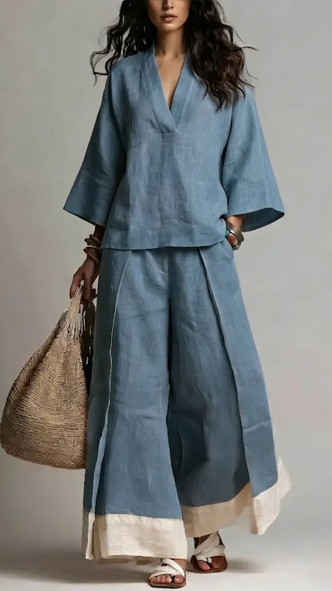 Women's Cotton-Linen French-Style V-Neck 3/4-Sleeve Shirt & Contrast Wide-Leg Pants Set