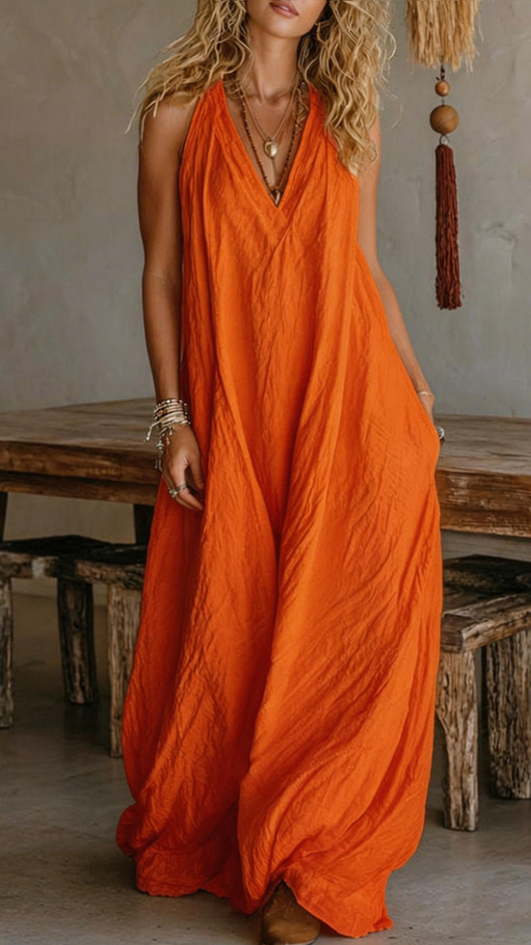 Women's Halter V-Neck Linen-Blend Maxi Dress