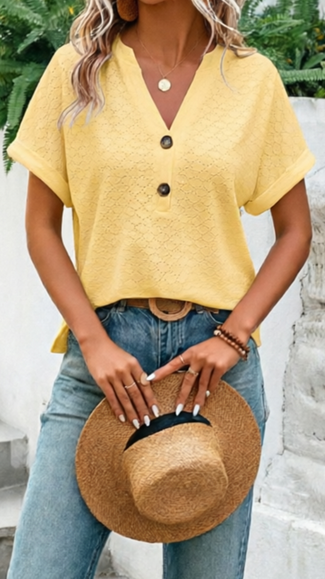 Women's V-Neck Hollow-Out Acrylic Top