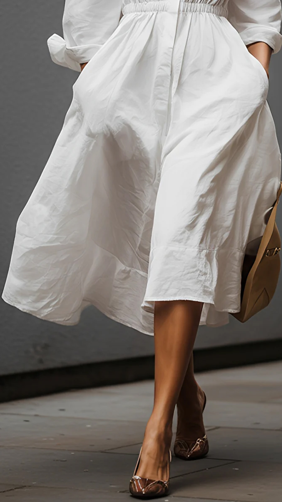 Independent Amazon Women'S White Shirt Collar Elastic Waist Dress Classic Simple Fashion Style Dress