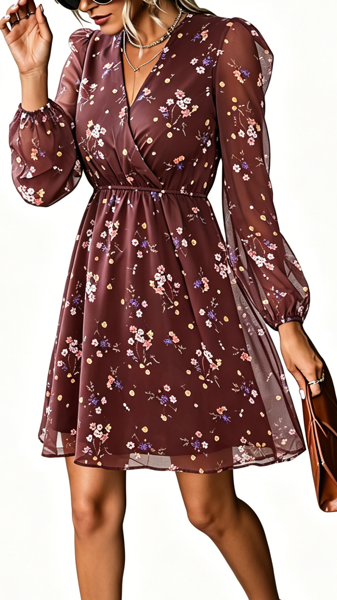 Women's Floral V-Neck Long-Sleeve Mini Dress
