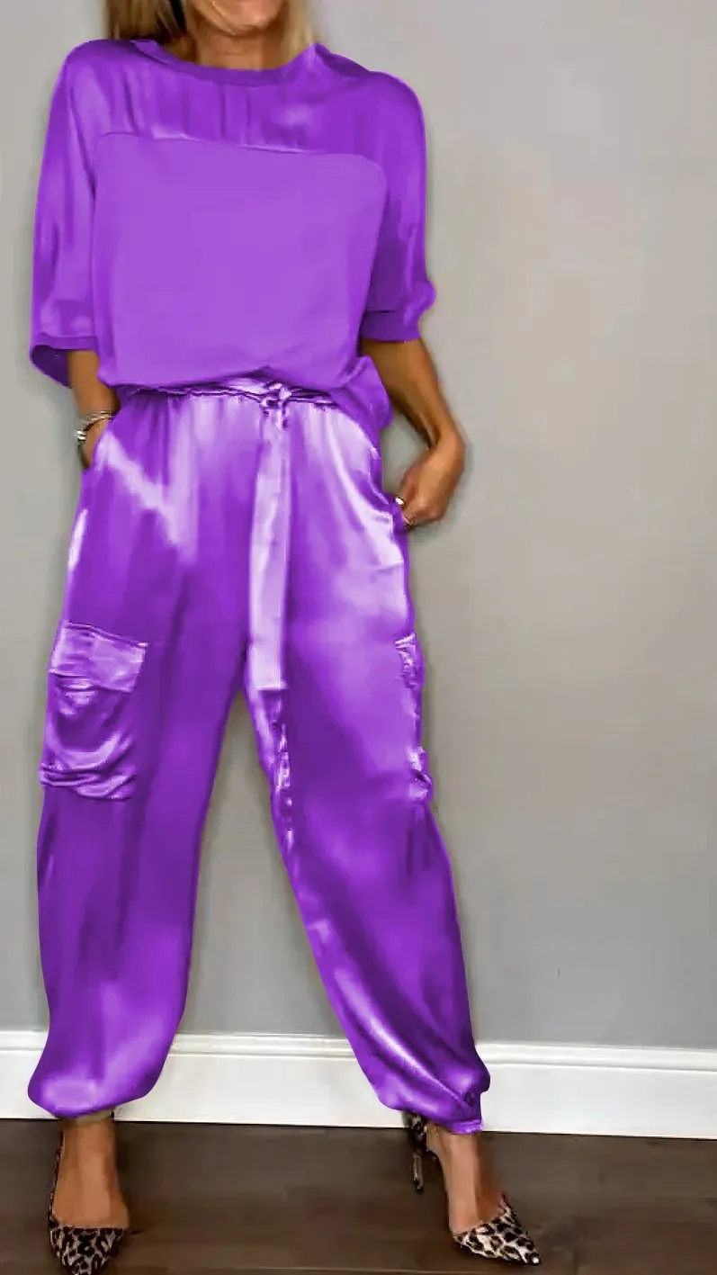 Women's Silky Loose-Fit Top and Pants Two-Piece Set