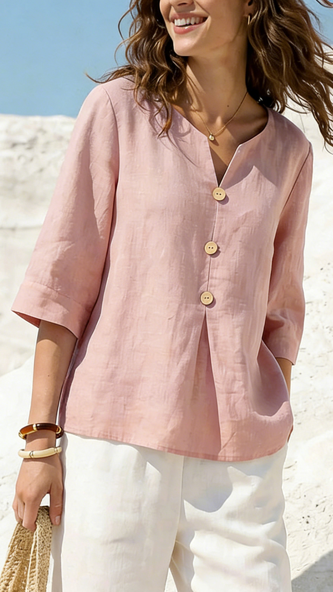 Women's Solid Color V-neck 3/4 Sleeve Casual Loose Cotton Linen Top