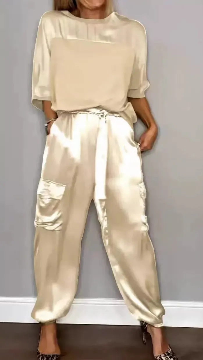 Women's Silky Loose-Fit Top and Pants Two-Piece Set