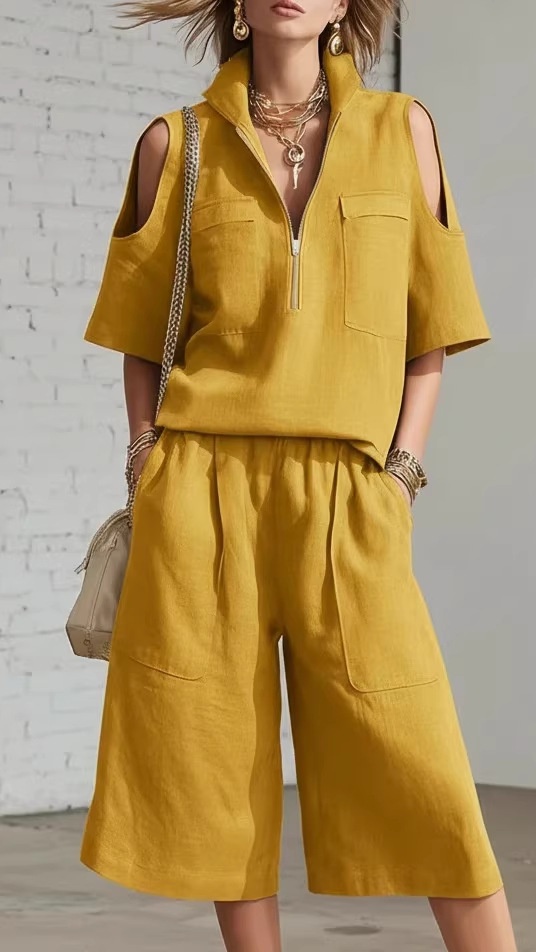 Women's Short-Sleeved Shorts Shirt and Loose Pants Two-Piece Set