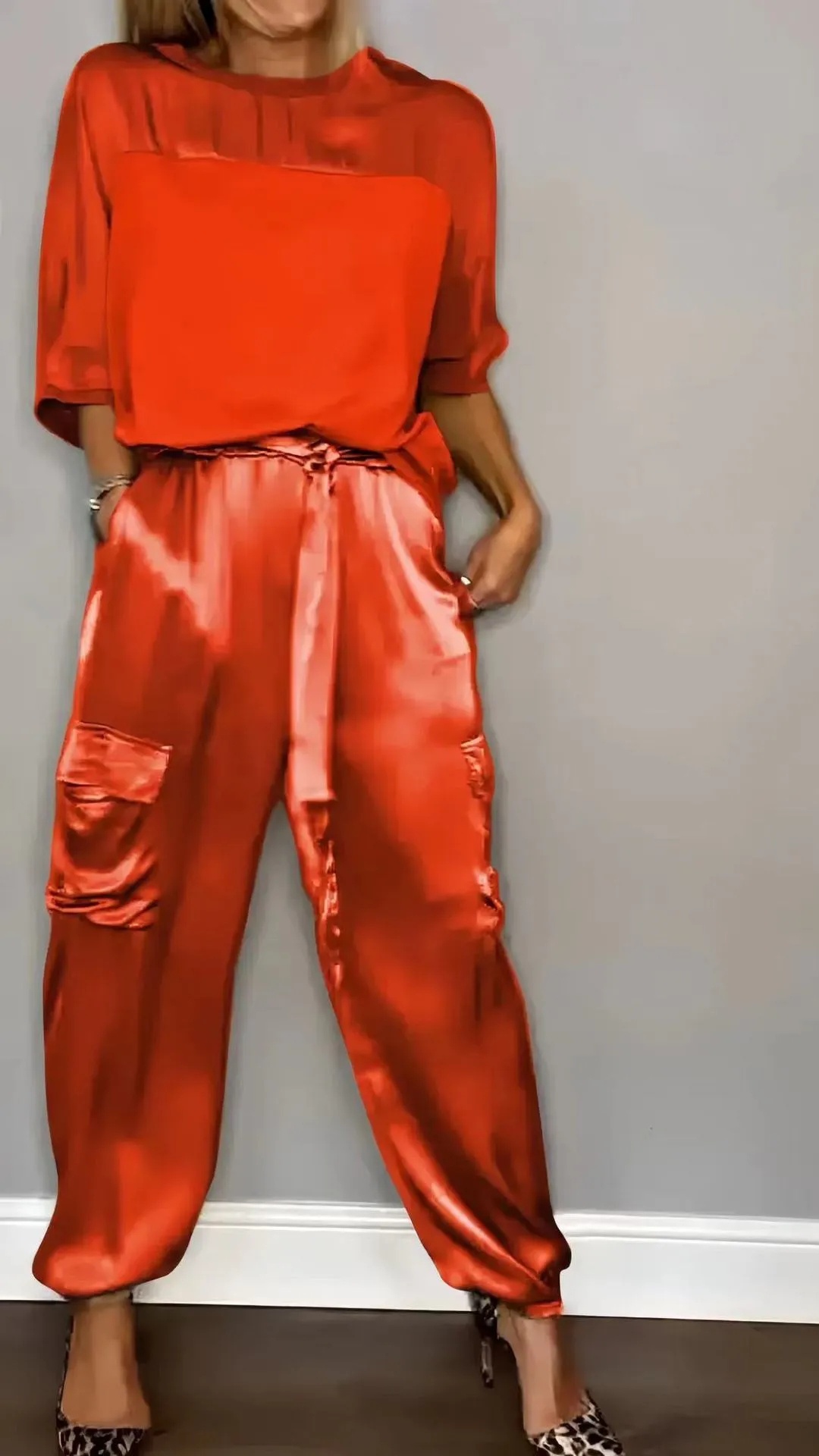 Women's Silky Loose-Fit Top and Pants Two-Piece Set