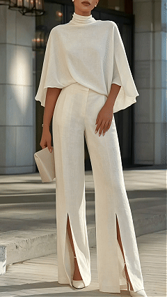 Women's Elegant Mock Neck Shawl Collar Cardigan Top with Slit Wide-Leg Trousers Two-Piece Suit