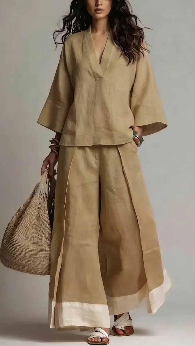 Women's Cotton-Linen French-Style V-Neck 3/4-Sleeve Shirt & Contrast Wide-Leg Pants Set