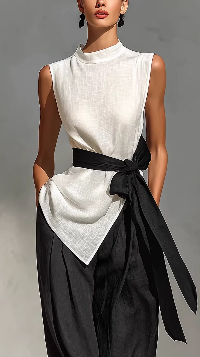 Women's Tie-Front Sleeveless Tencel-Linen Top + Wide-Leg Pants 2-Piece Set