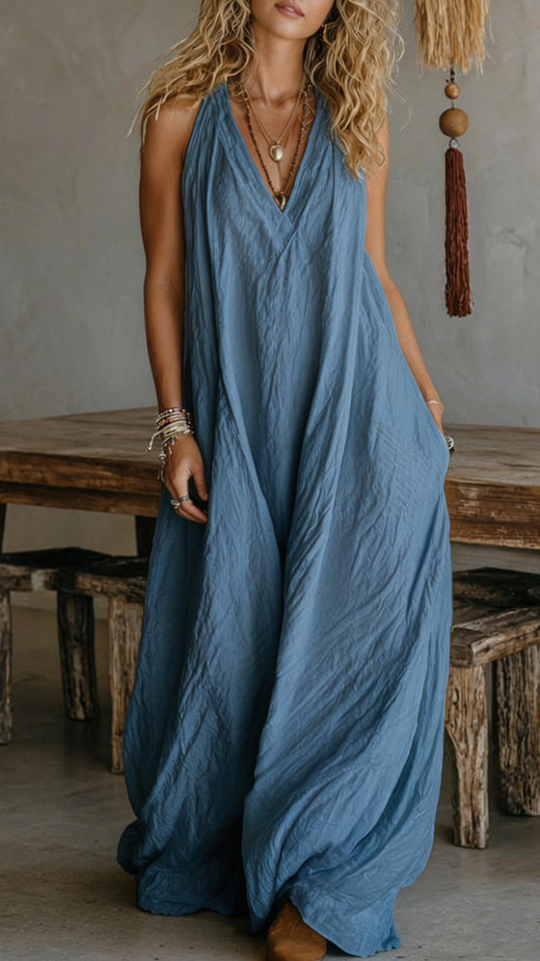 Women's Halter V-Neck Linen-Blend Maxi Dress
