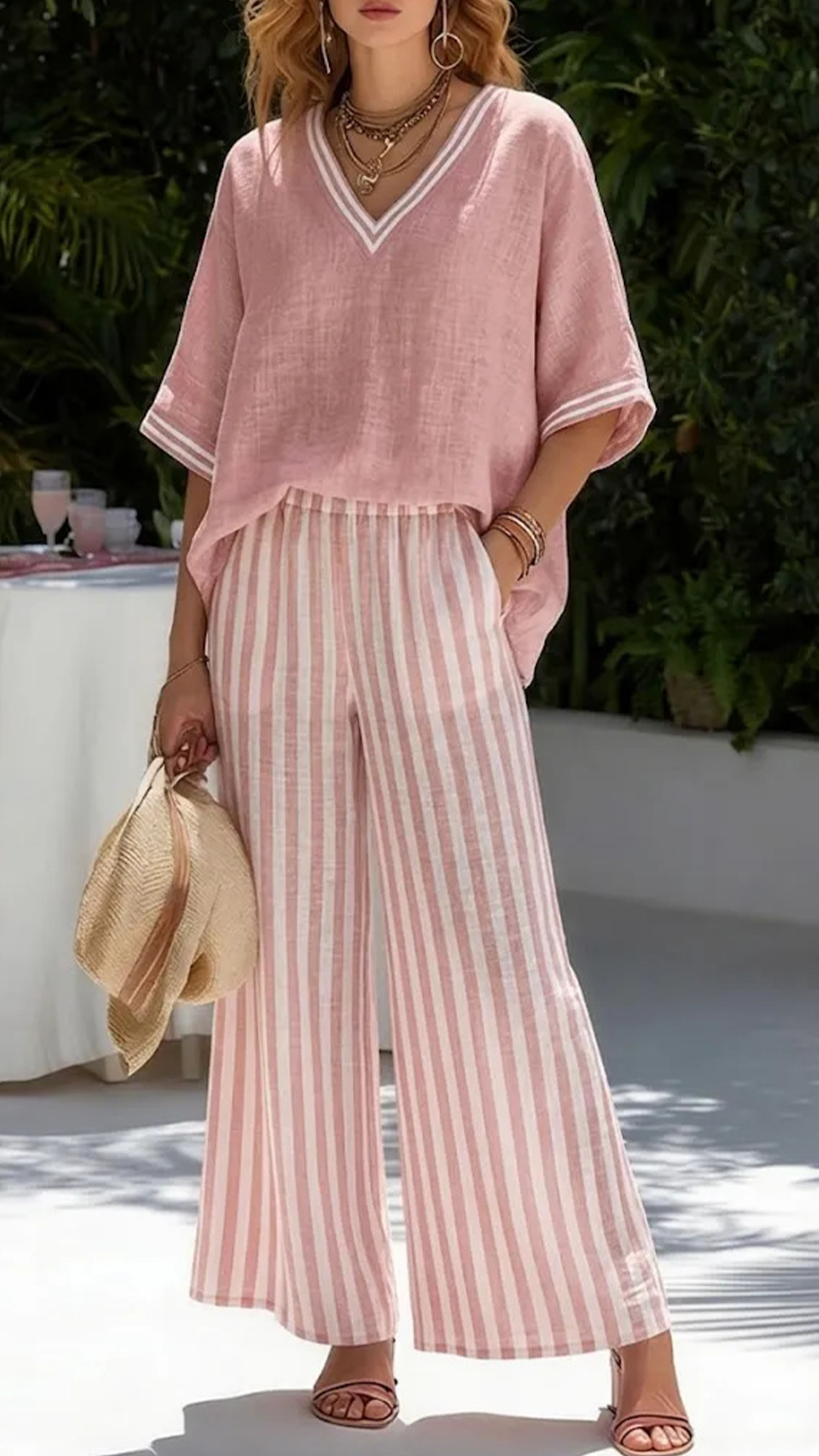 [Copy]Minimalist V-neck Shirt And Wide-leg Pants Two-piece Set