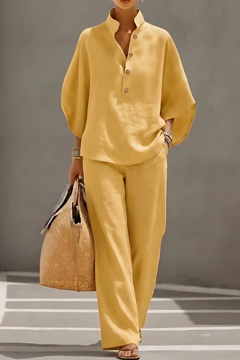 Women’s Batwing Sleeve Linen Cotton Two-Piece Set – Casual Shirt & Wide Leg Pants Outfit