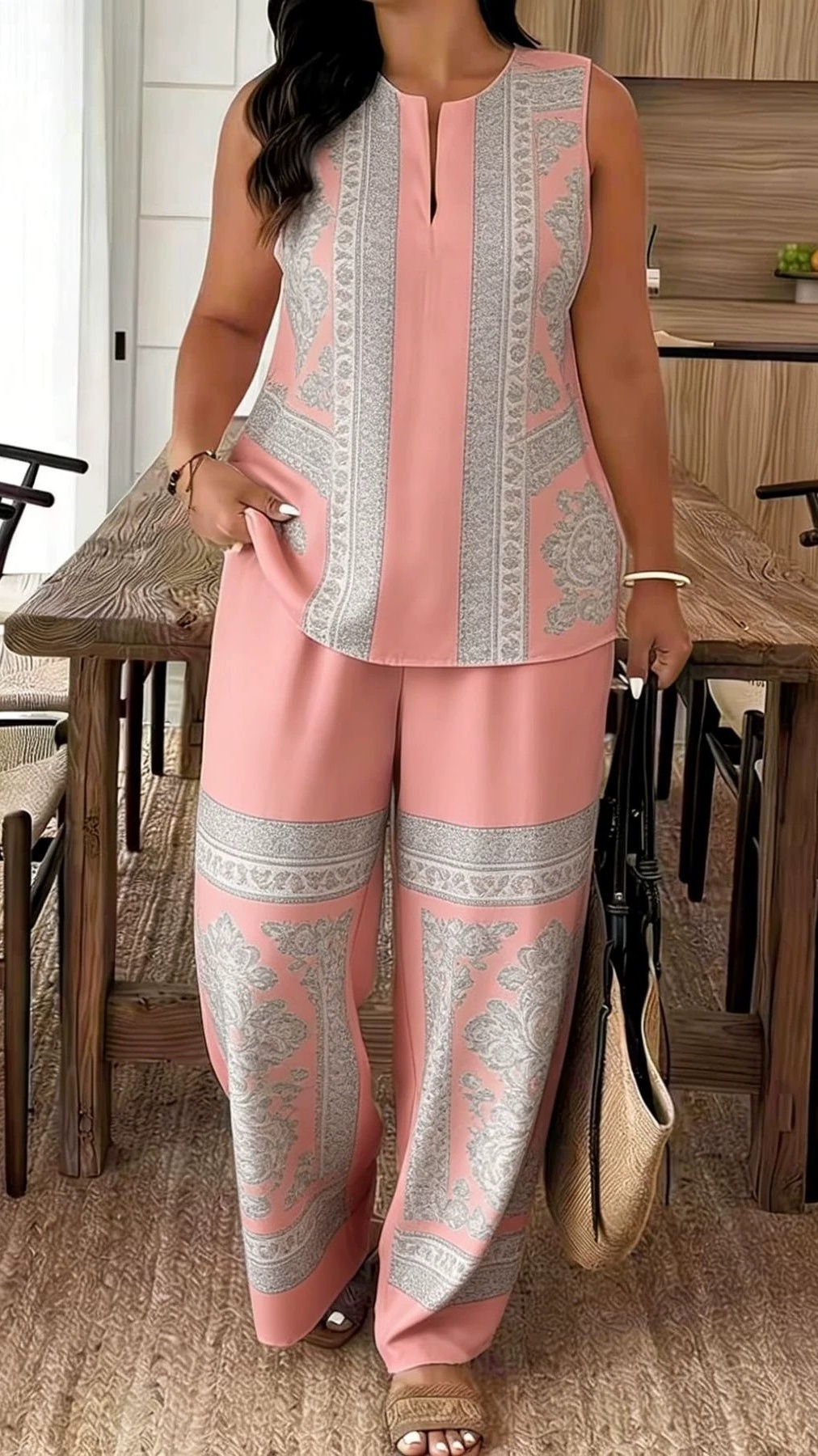 Women's Printed Casual Set with Round Neck and Side Slits