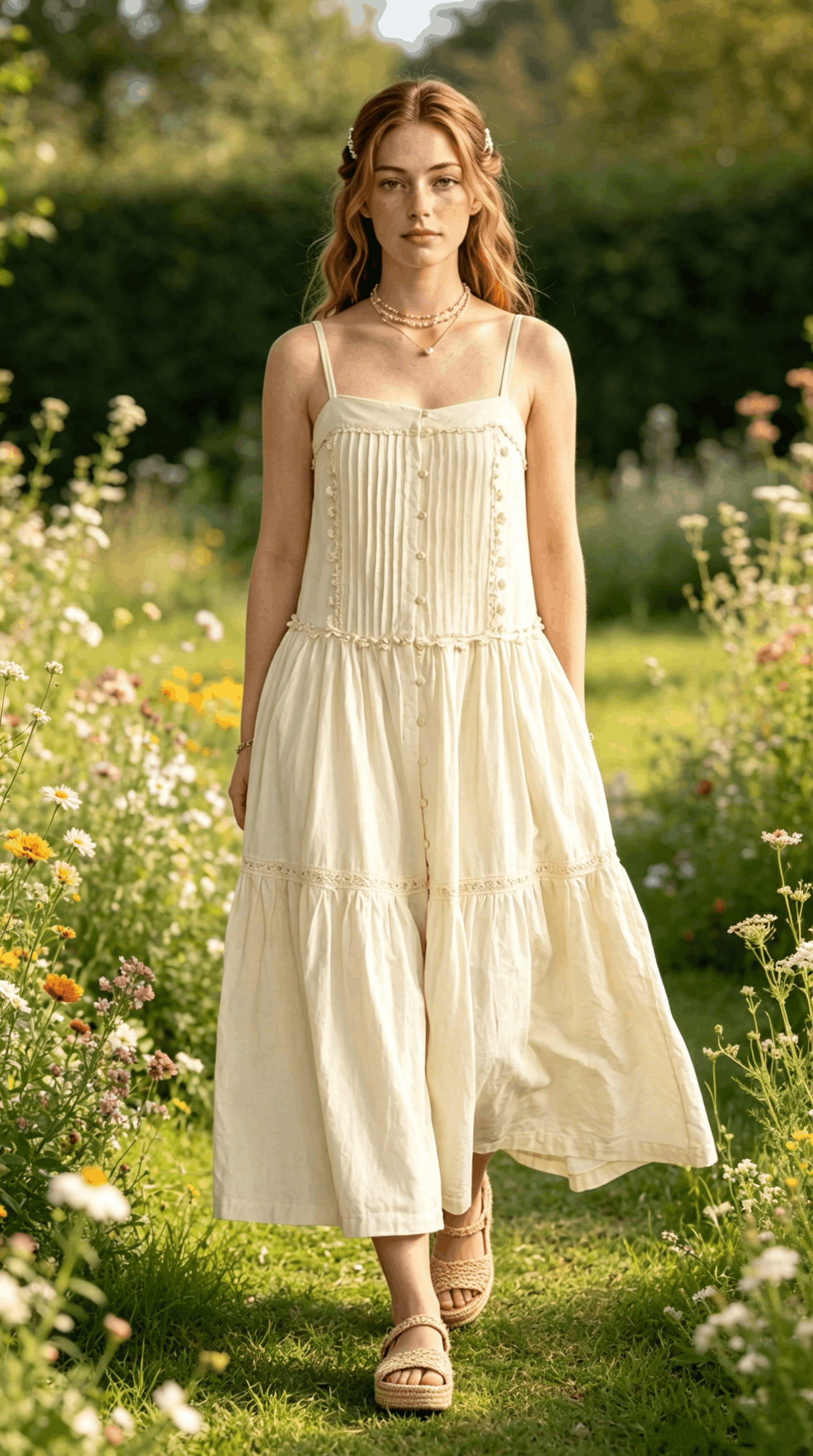 Women's Cotton-Blend Spaghetti Strap Tiered Maxi Dress for Cottagecore Garden Events
