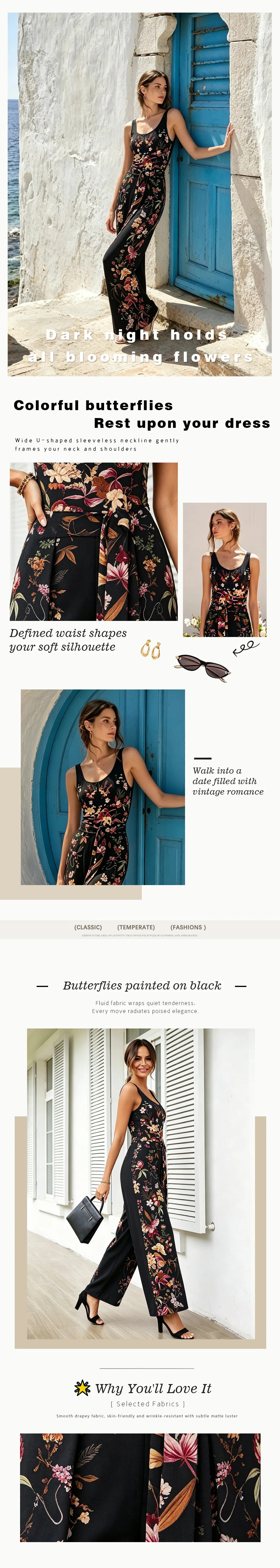 Midnight Flutter | Black Butterfly Print U-Neck Draped Jumpsuit
