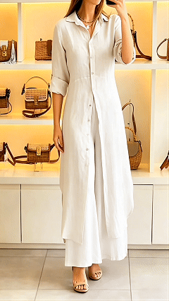 Women's Casual Two-Piece Set: Long Collared Top and Trousers