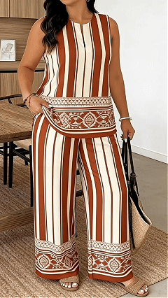 Women's Printed Casual Set with Round Neck and Side Slits