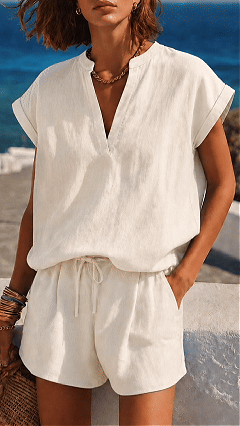 Women's Resort-Style V-Neck Casual Top and Shorts Set