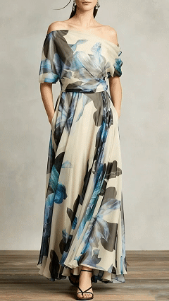 Women's Cotton-Blend Off-Shoulder Floral Maxi Dress for Garden Party Events