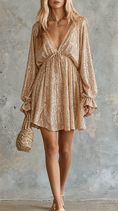 Women's Cotton-Blend Deep V-Neck Sequin Mini Dress for Party Events