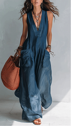 Women's cotton-linen solid color V-neck casual loose jumpsuit with large pockets