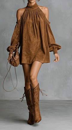 Women's Cotton-Blend Cold Shoulder Halter Mini Dress for Western Rodeo Events