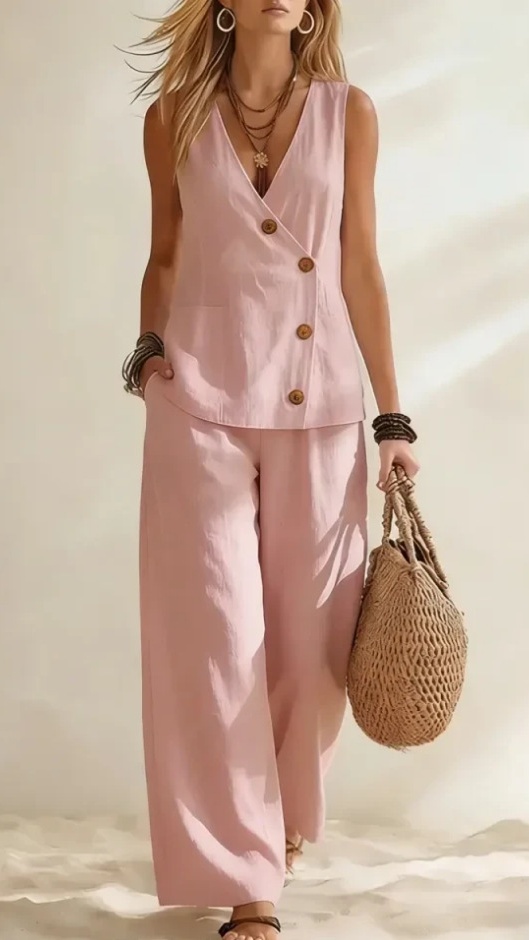 Women's Casual Solid-Color Vacation-Style Two-Piece Set: Button-Front Vest & Trousers