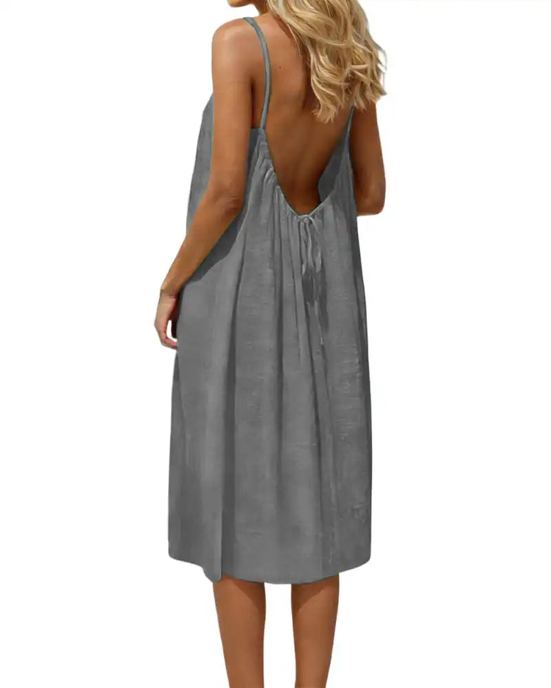 Women's Solid-Color Backless Spaghetti-Strap Knee-Length Dress