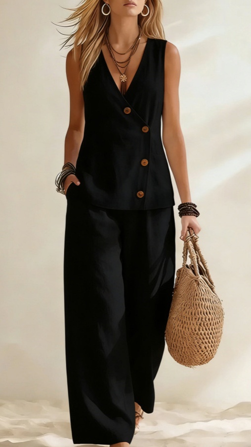 Women's Casual Solid-Color Vacation-Style Two-Piece Set: Button-Front Vest & Trousers