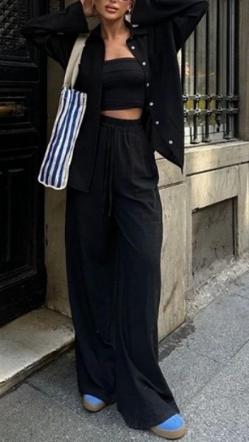 Women's Casual Cotton-Linen Solid-Color Shirt & Drawstring Wide-Leg Pants Two-Piece Set