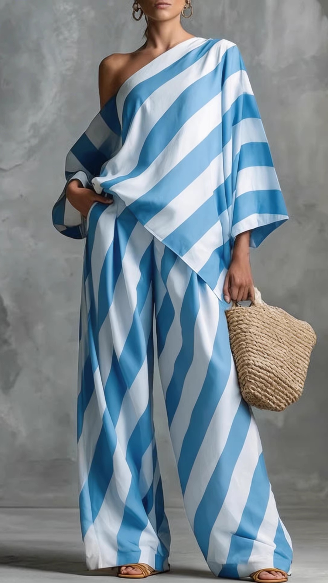 Women's Chic & Laid-back Vintage Striped Two-Piece Set: Fashion Top and Wide-Leg Pants