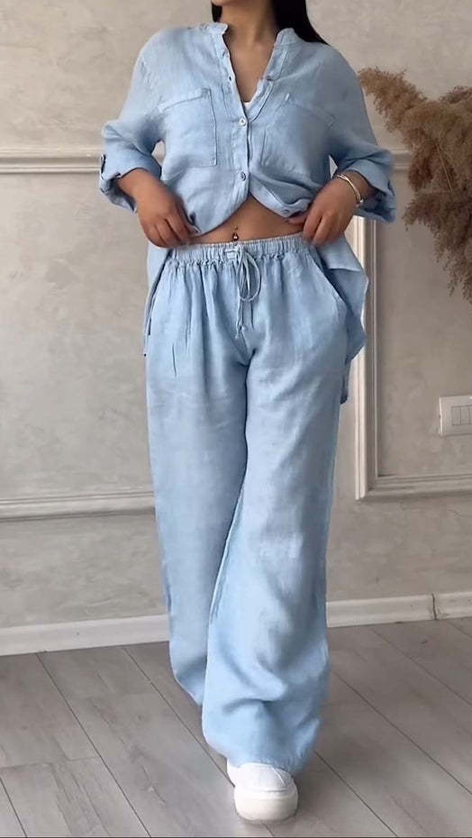 Women's Casual Cotton-Linen Solid-Color Shirt & Drawstring Wide-Leg Pants Two-Piece Set