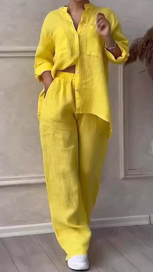 Women's Casual Cotton-Linen Solid-Color Shirt & Drawstring Wide-Leg Pants Two-Piece Set