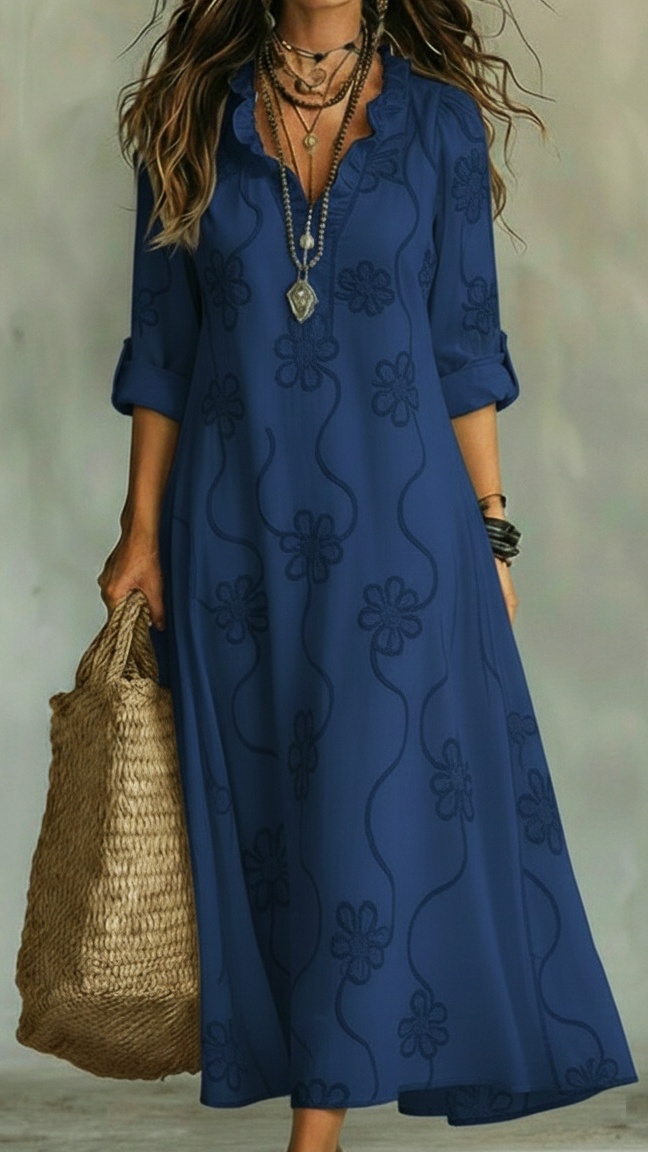 Women's Vintage Floral A-Line Dress with Ruffled Collar