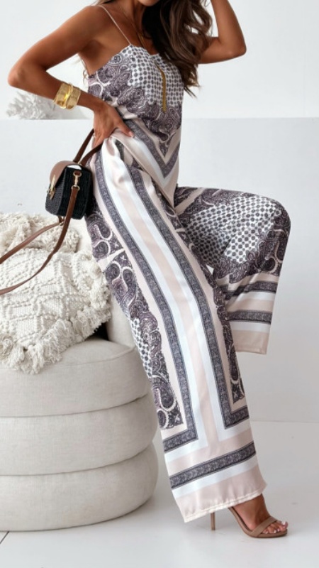 Women's Fashion Two-Piece Set: Printed Spaghetti Strap Bandeau Top + Allover-Print Trousers