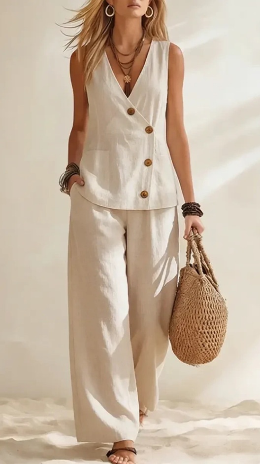 Women's Casual Solid-Color Vacation-Style Two-Piece Set: Button-Front Vest & Trousers