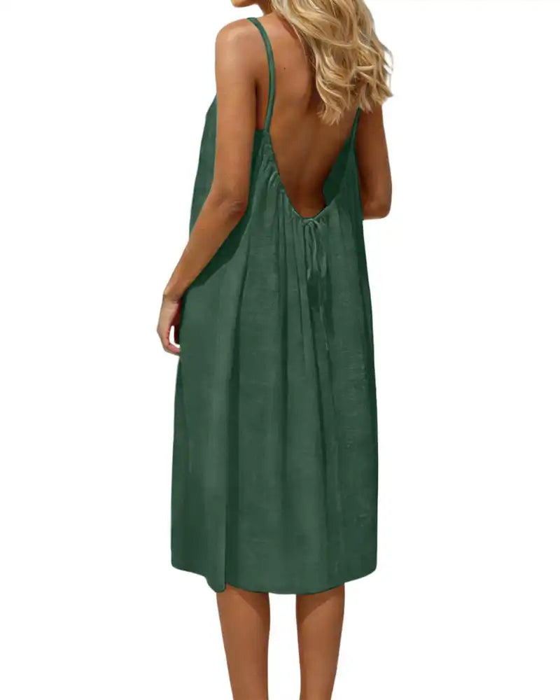 Women's Solid-Color Backless Spaghetti-Strap Knee-Length Dress
