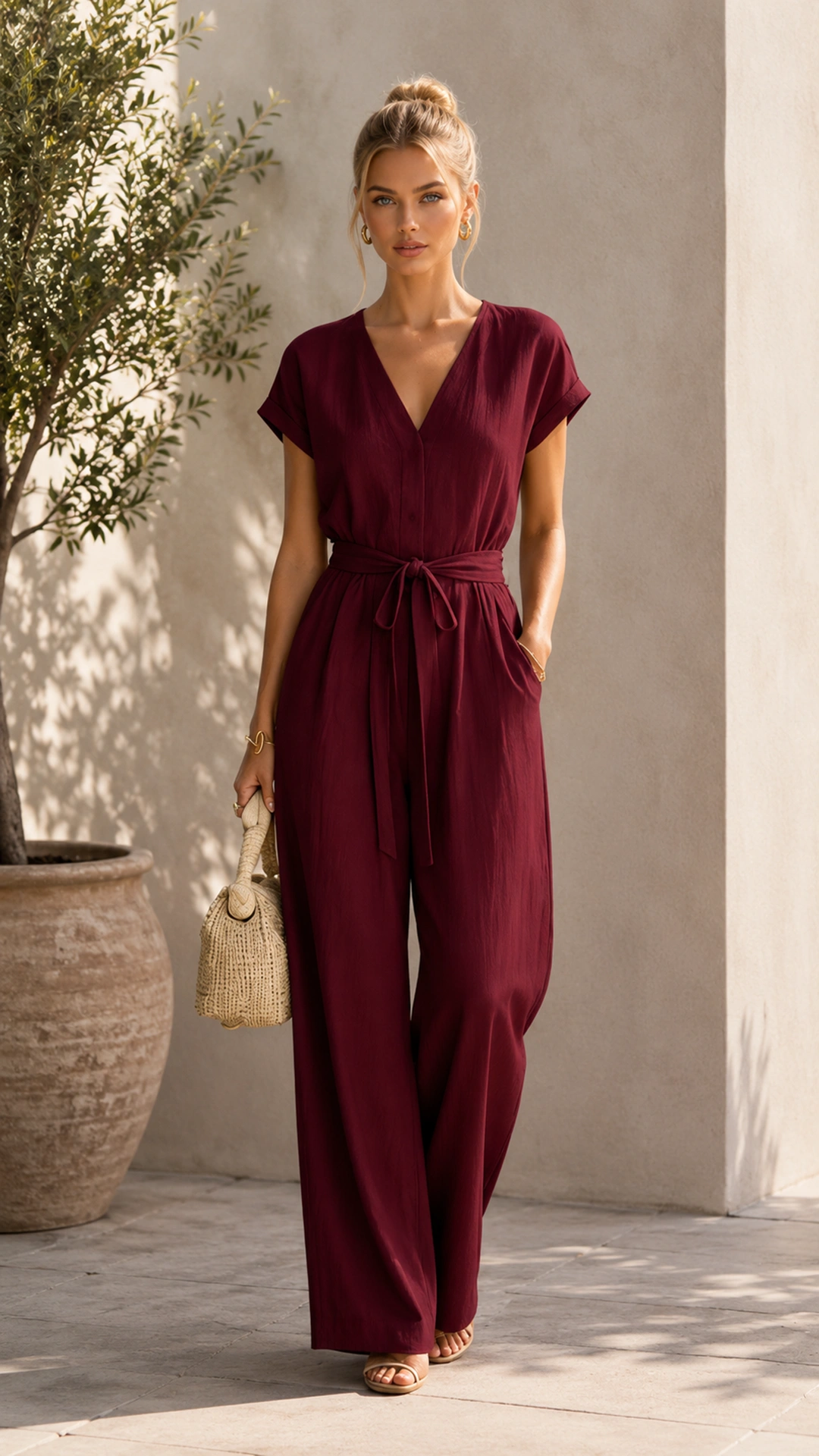 Effortless Executive V-Neck Jumpsuit with Pockets Versatile From Desk to Dinner
