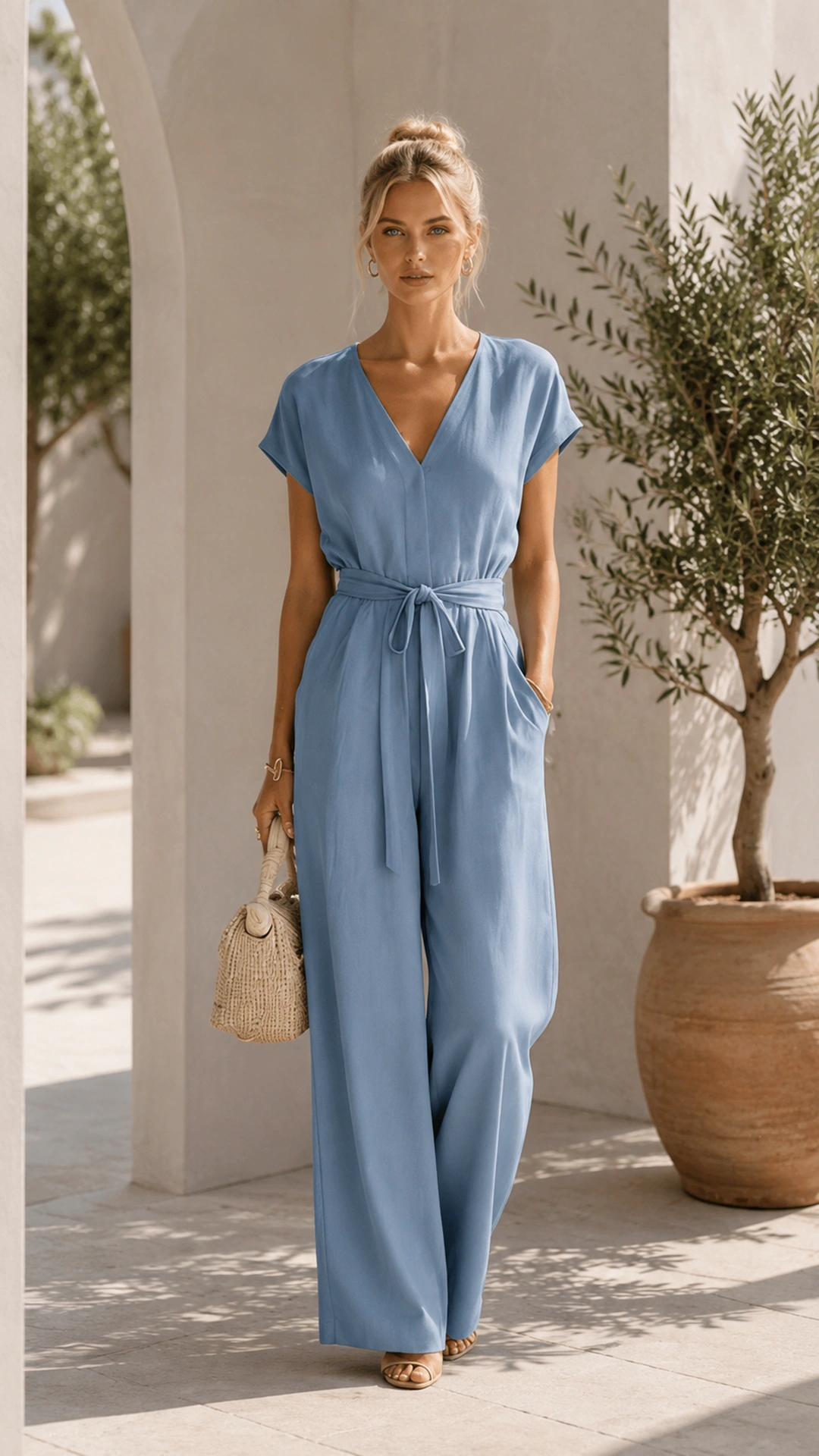 Effortless Executive V-Neck Jumpsuit with Pockets Versatile From Desk to Dinner