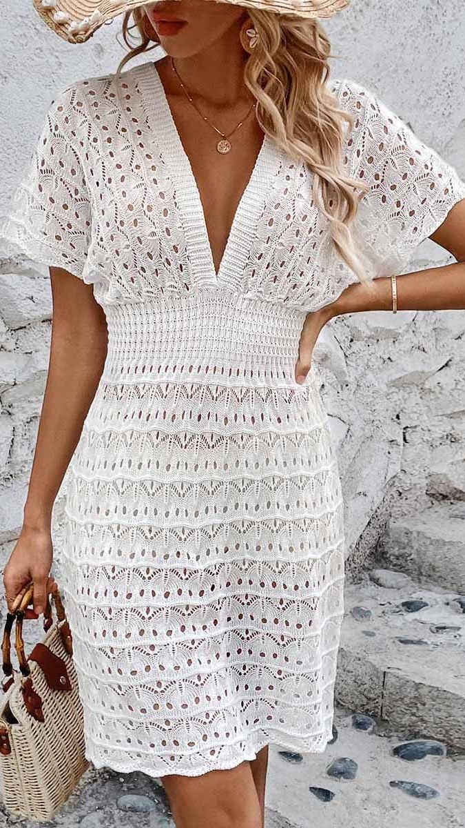 Women's Deep V Elastic Wave Hollow-out Dress