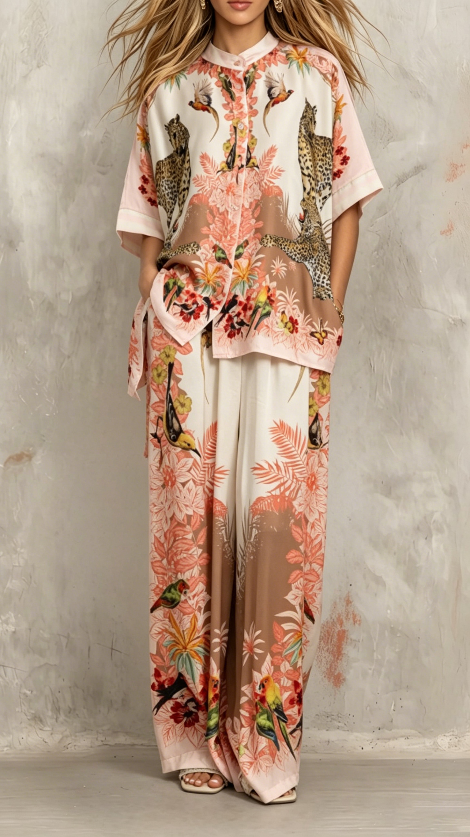 Two-piece casual satin printed bat sleeve set for ladies