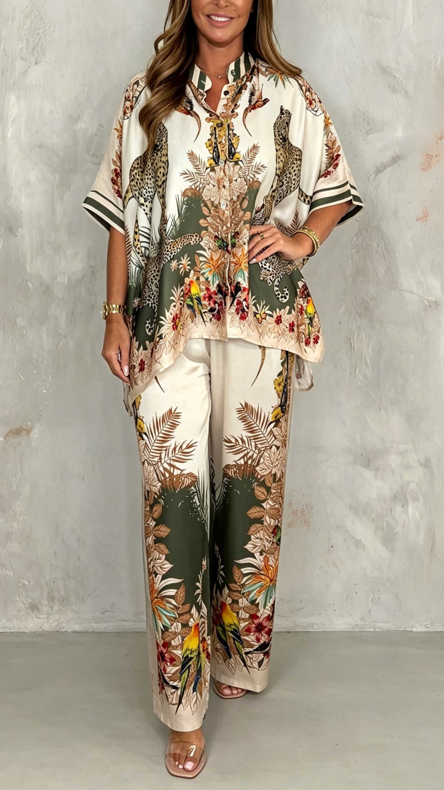Two-piece casual satin printed bat sleeve set for ladies
