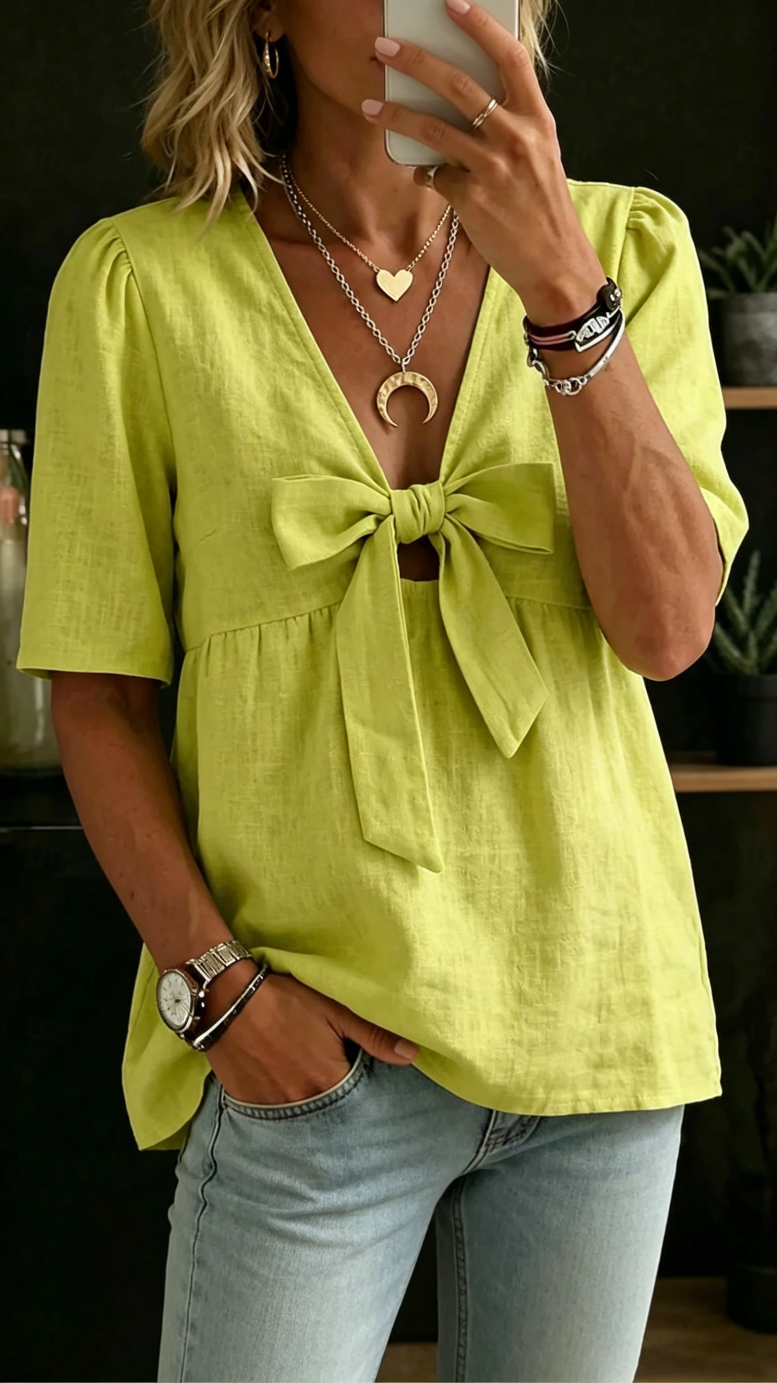 Women's fashionable loose casual V-neck tie bow shirt