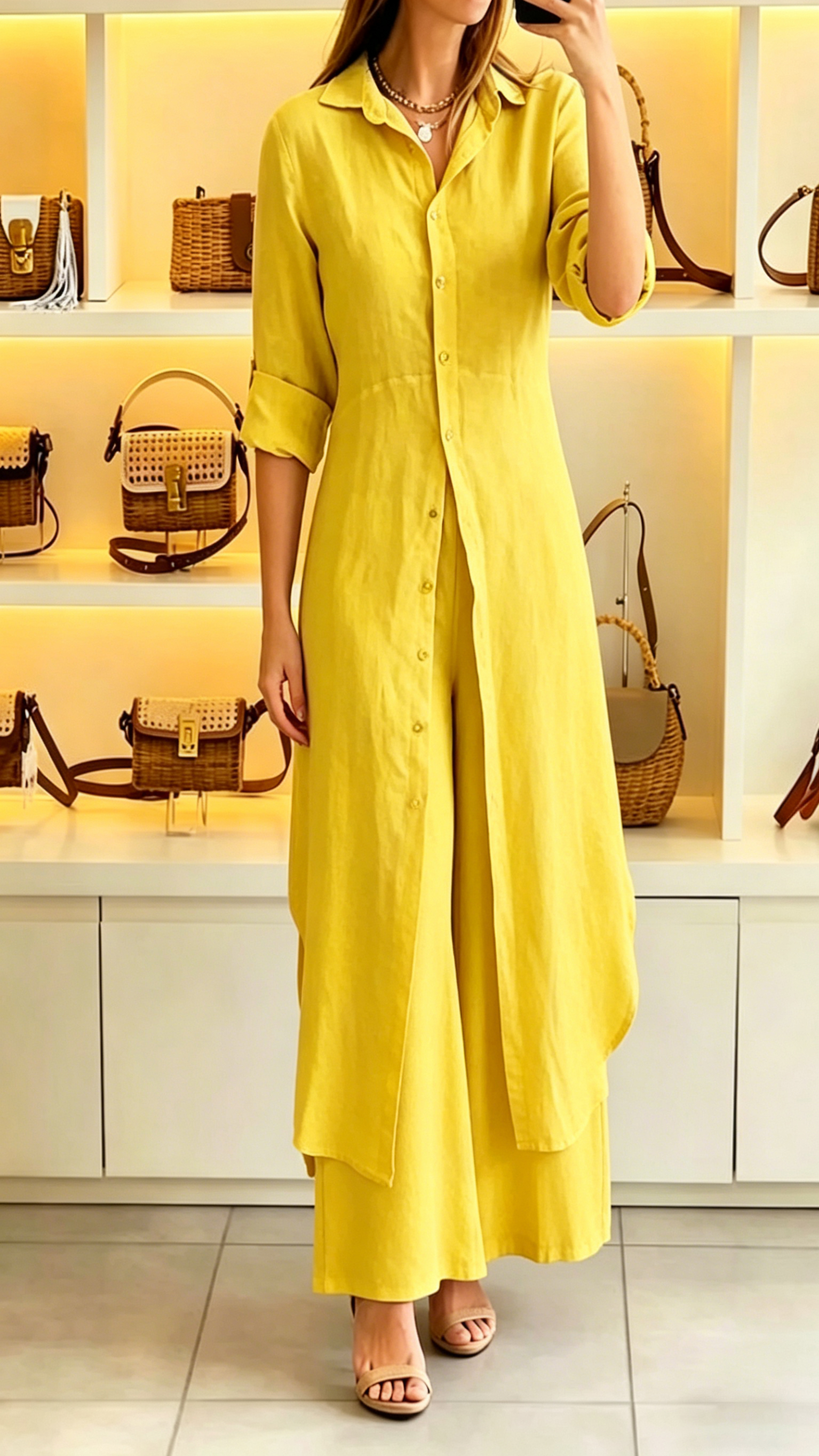 Women's Casual Two-Piece Set: Long Collared Top and Trousers