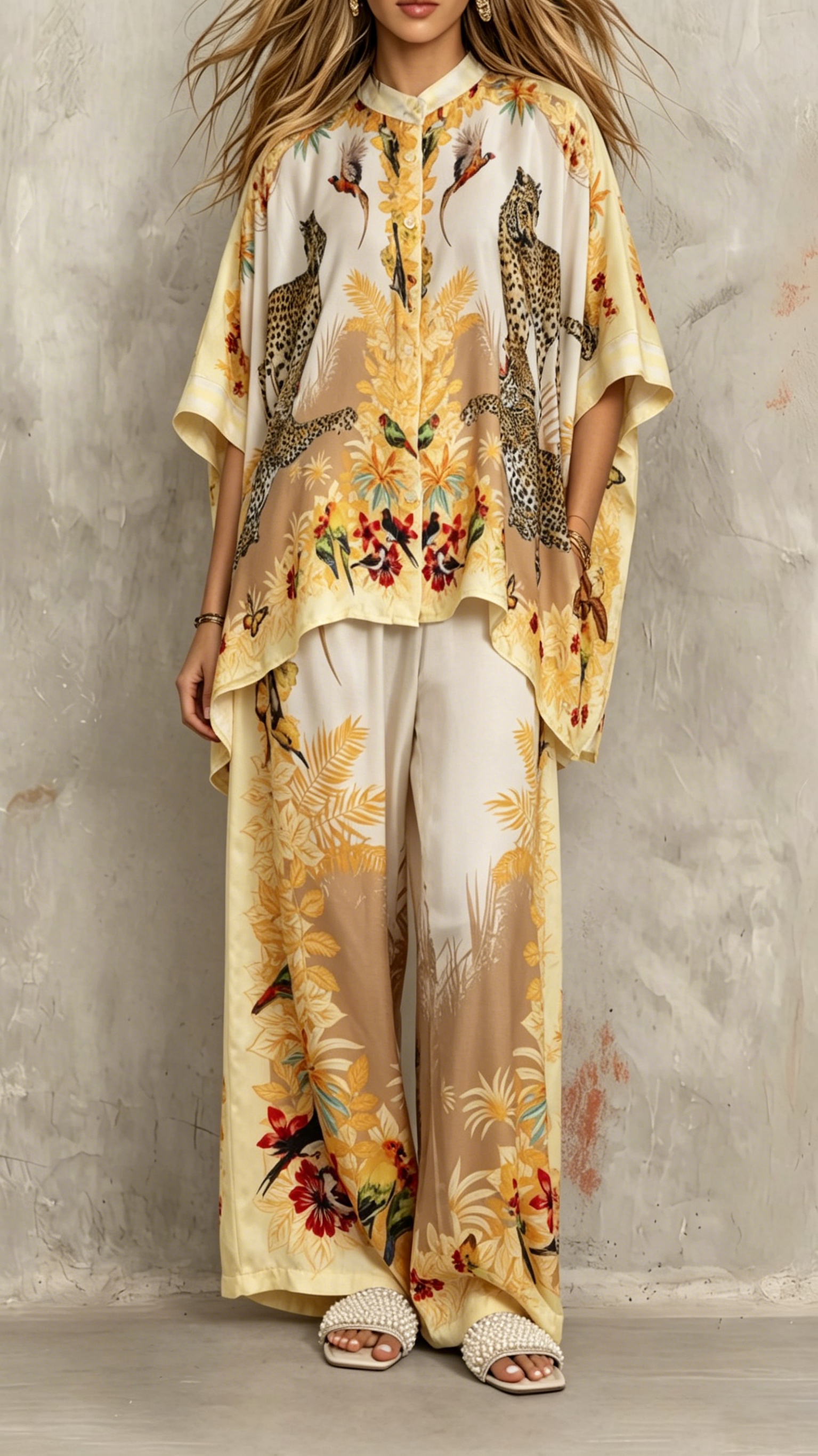 Two-piece casual satin printed bat sleeve set for ladies