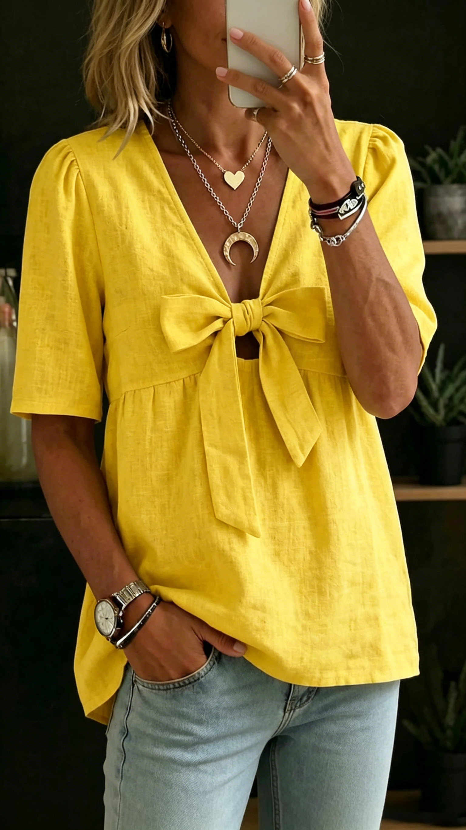 Women's fashionable loose casual V-neck tie bow shirt