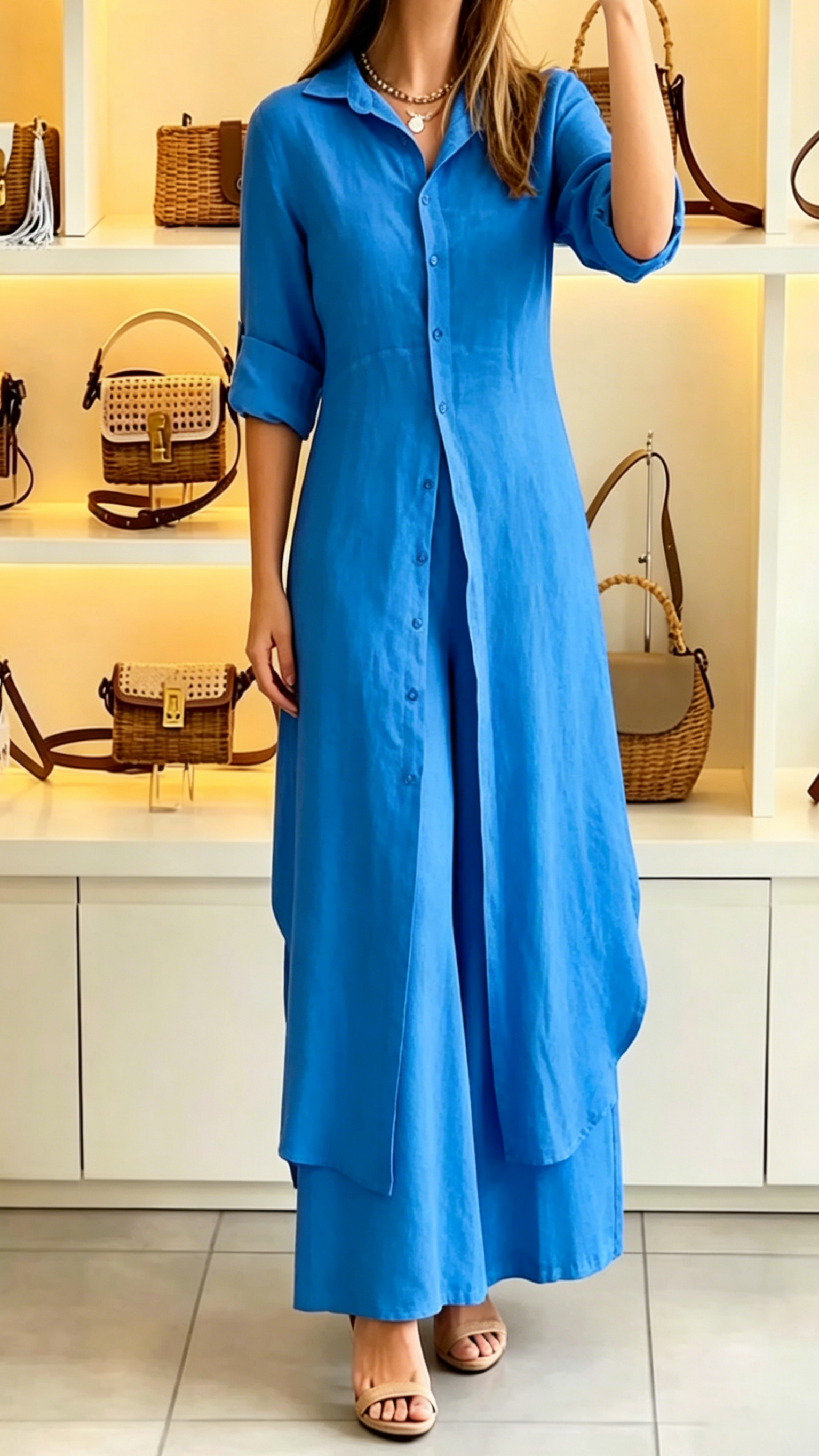 Women's Casual Two-Piece Set: Long Collared Top and Trousers