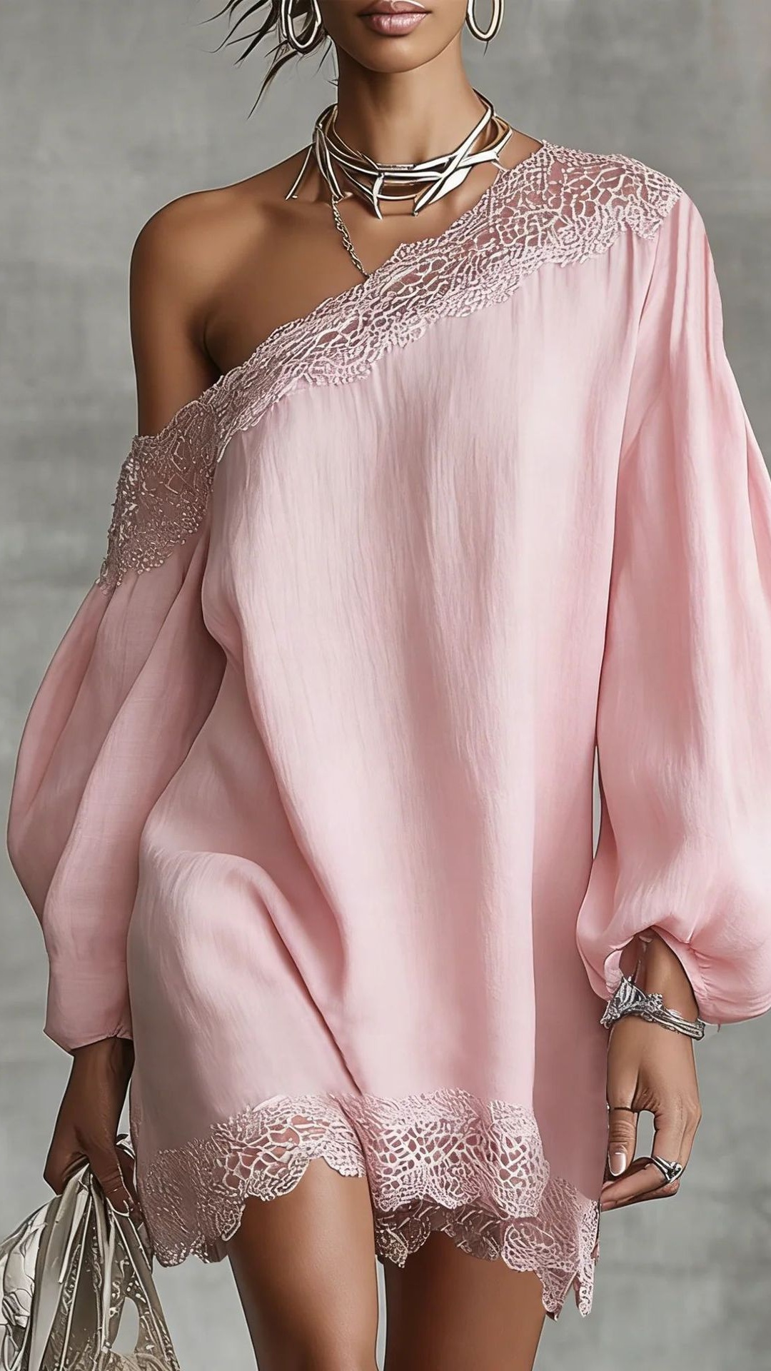 Women's solid color lace trim off-shoulder long-sleeved dress