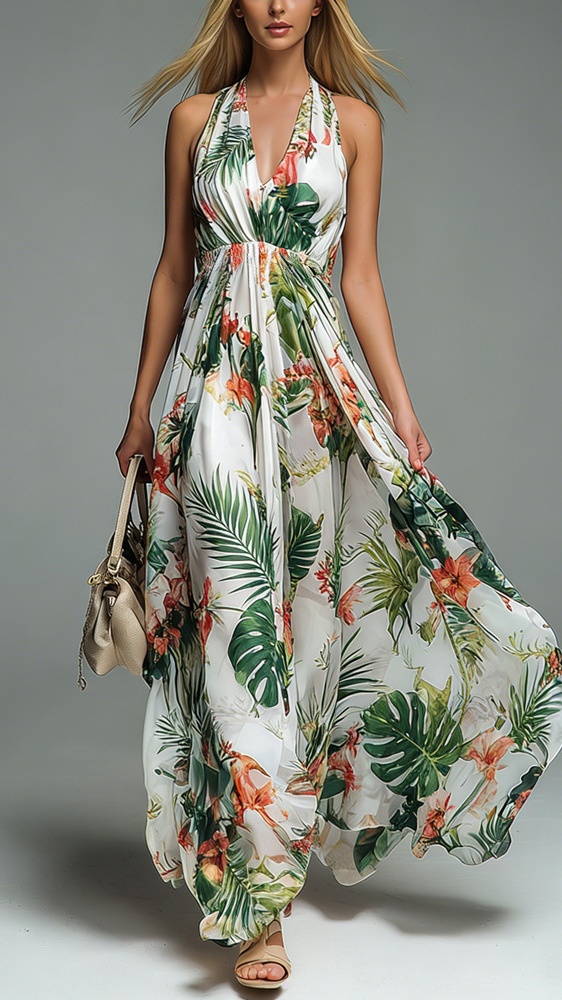 Women's V-neck halter neck printed casual dress